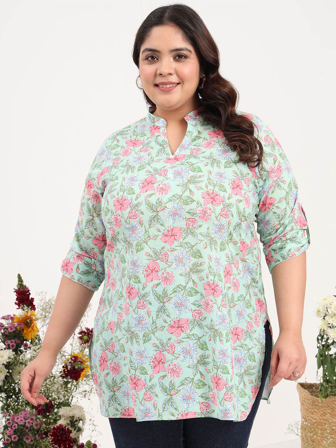 Tissu Women Plus Size Floral Printed V-Neck Pure Cotton Kurti