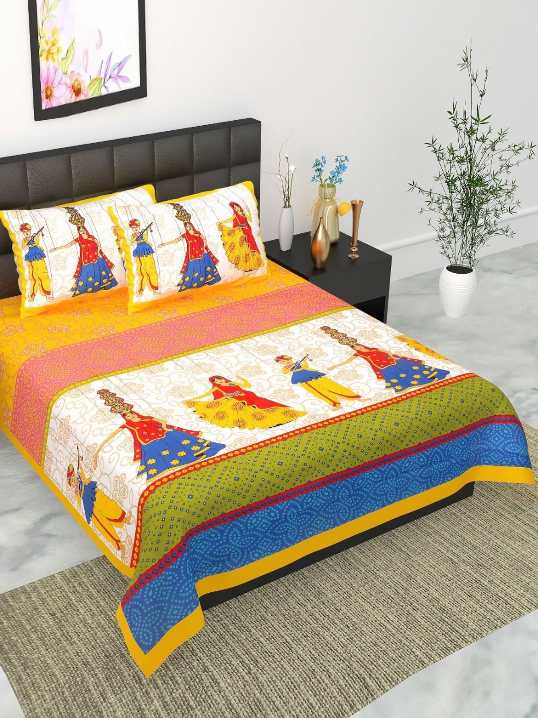 UNIBLISS Serenity Solids Yellow Conversational Cotton 144 TC Queen Bedsheet with 2 Pillow Covers-85 x 93 inches