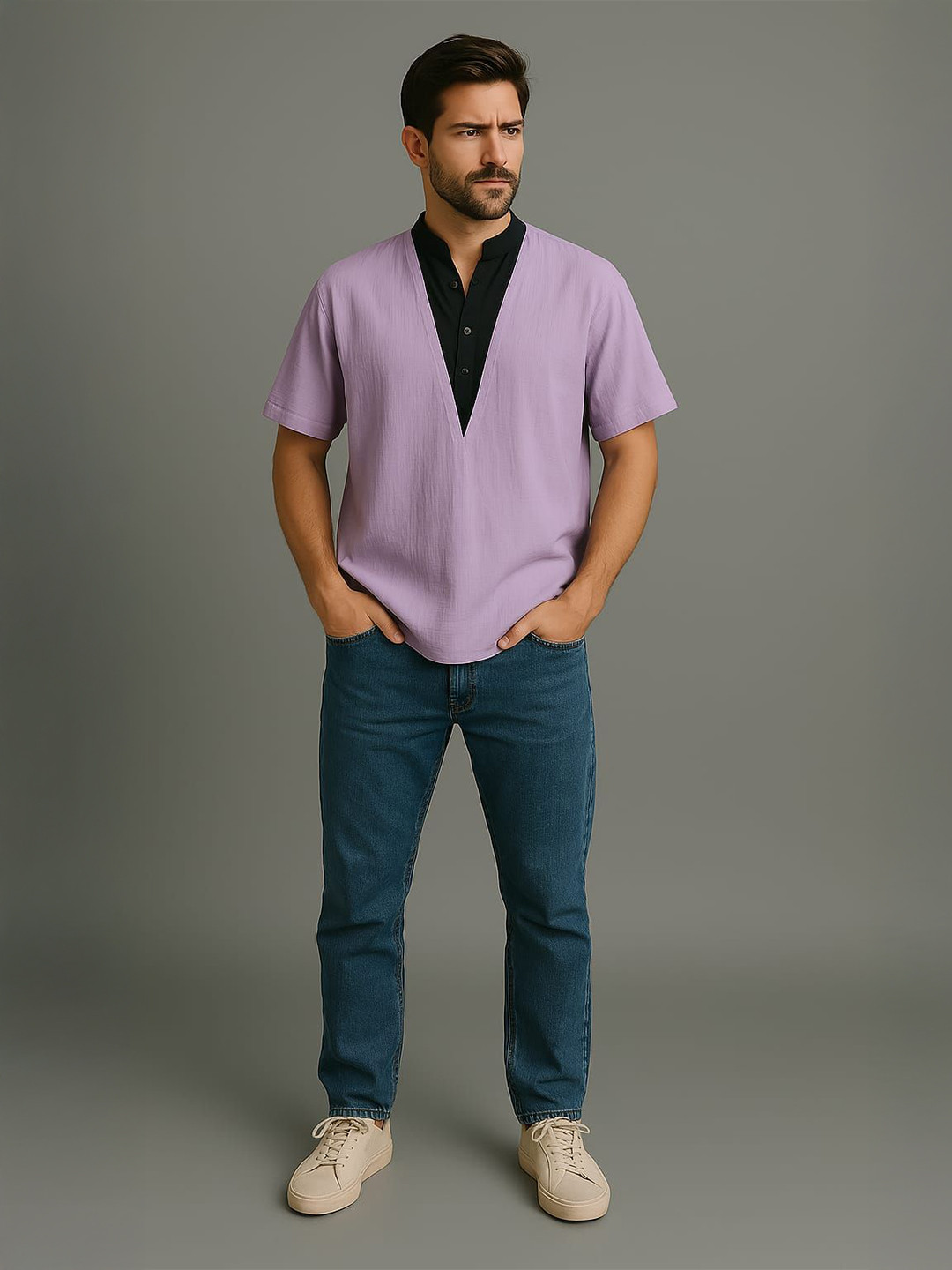 KOTRANIC Men Cotton Relaxed Mandarin Collar Relaxed Fit Casual Shirt