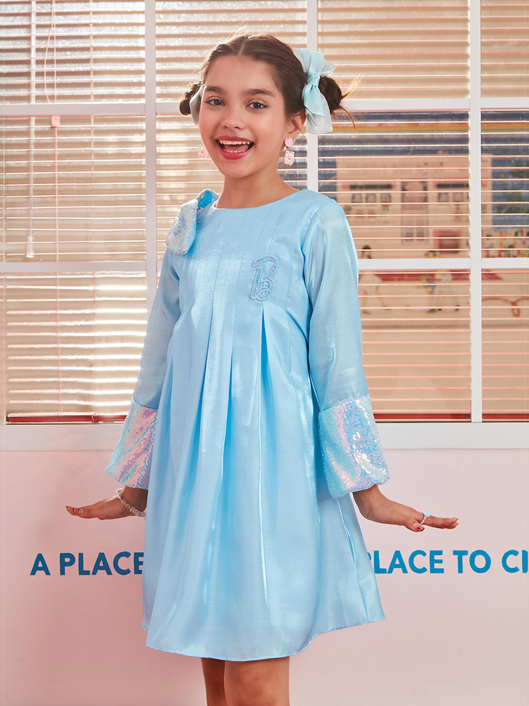 Tiny Girl Pleated Sequined Knee Length A-Line Dress