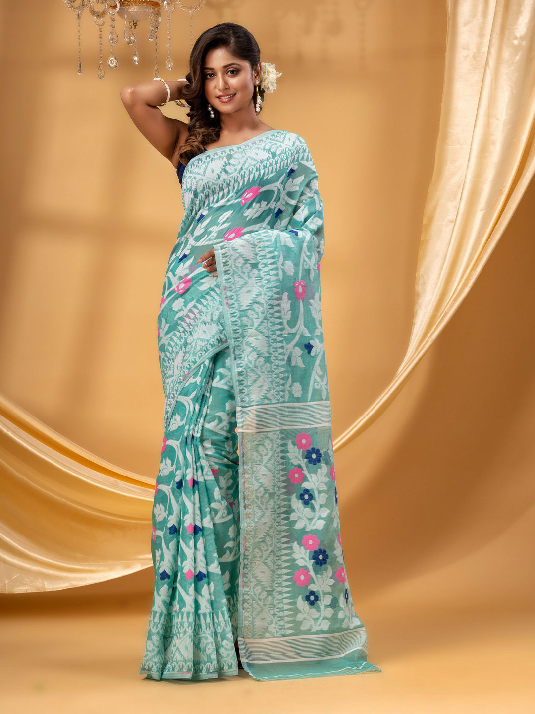 DESH BIDESH Floral Pure Cotton Ready to Wear Jamdani Saree