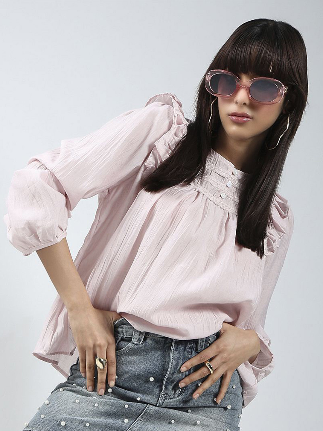 Sera Women Blush Pink Cotton Nylon Ruffled Button-Front Top