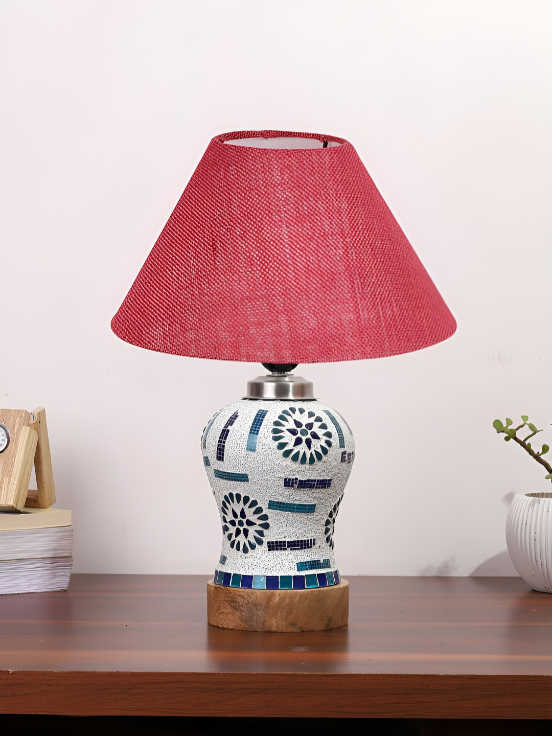 Aura Pink Traditional Frustum Shaped Wooden & Mosaic Glass Table Lamp