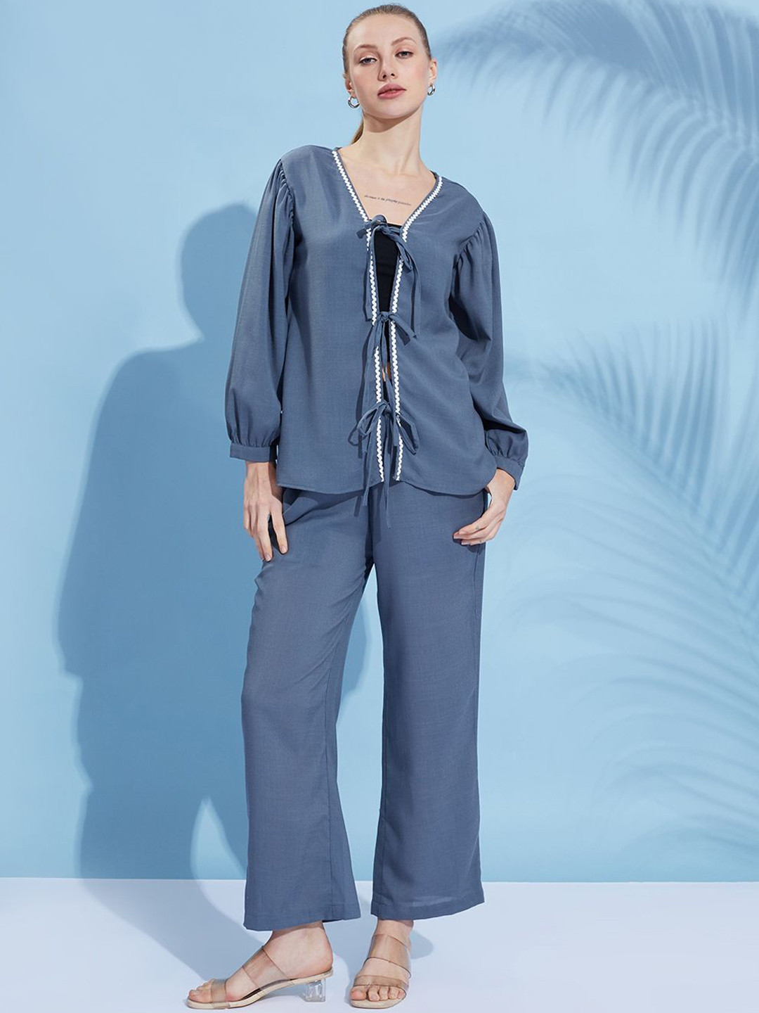 all about you V-Neck Puffed Sleeves Lace Tie-Ups Top With Trousers