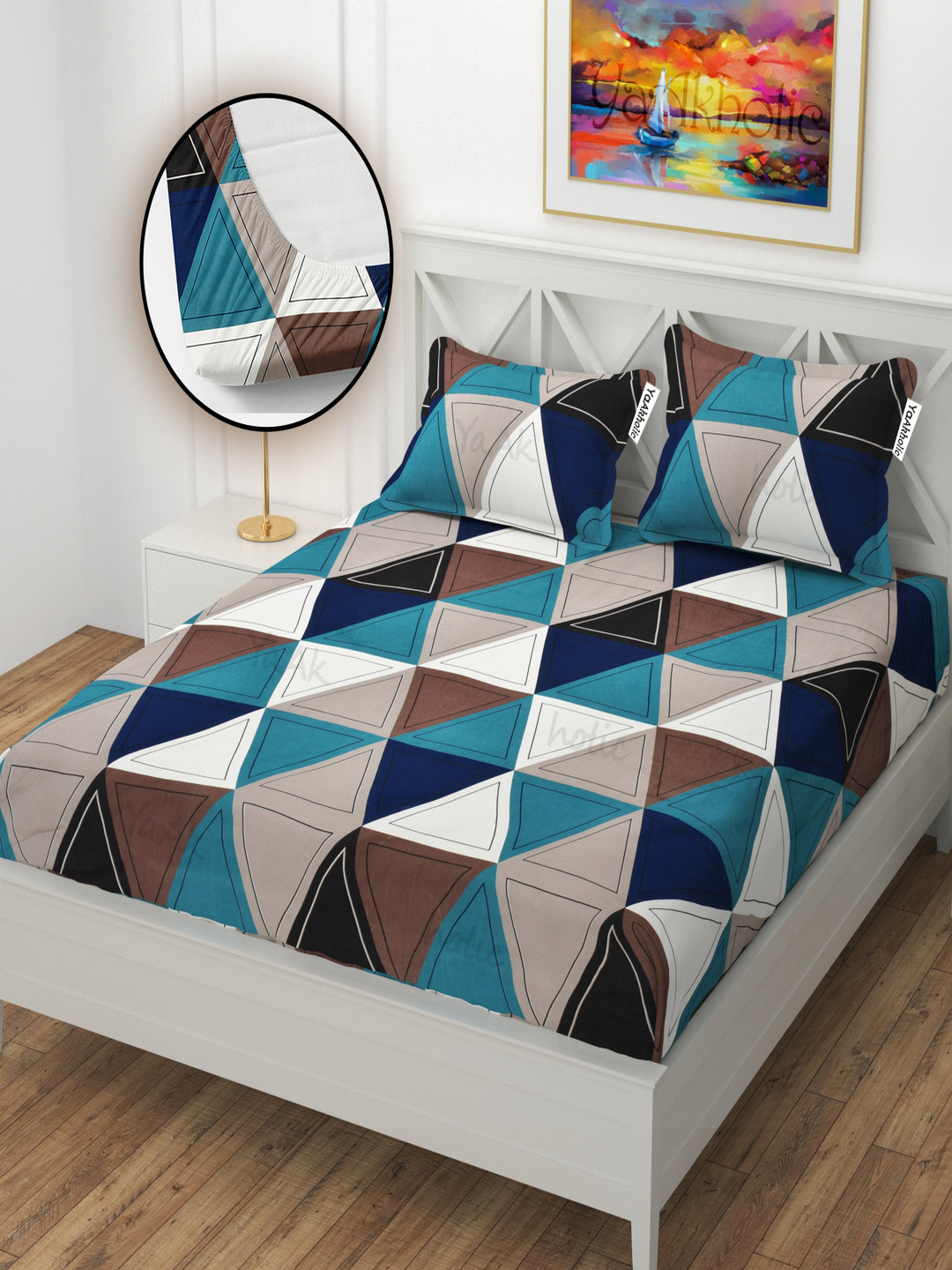 YaAkholic Navy Blue Geometric Microfiber Wrinkle Free 210 TC Fitted Queen Fine Bedsheet with 2 Pillow Covers-87 x 93 inches