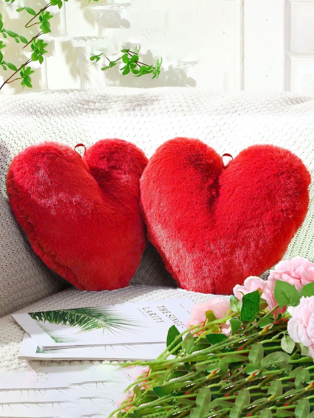 Myntra Elegant Homes 2Pcs Red Heart Shaped Pre-Filled Cushions