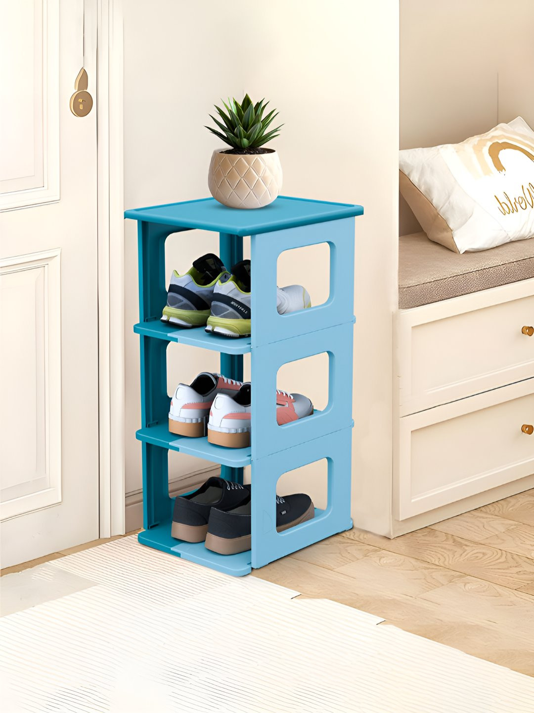 Kuber Industries Blue Stackable 3 Layer Shoes Rack