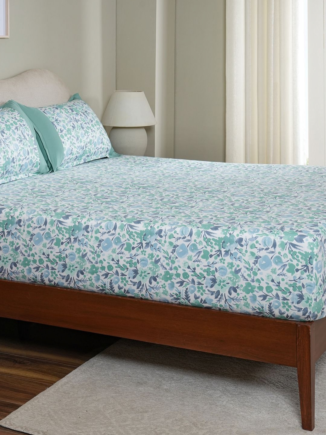 MASPAR Waffle Blue Floral Pure Cotton 200 TC Queen Superfine Bedsheet with 2 Pillow Covers-108 x 88 inches