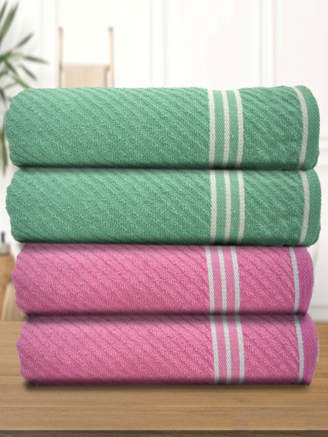 Myntra Elegant Homes Green And Pink 4 Pieces Cotton 400 GSM Bath Towels