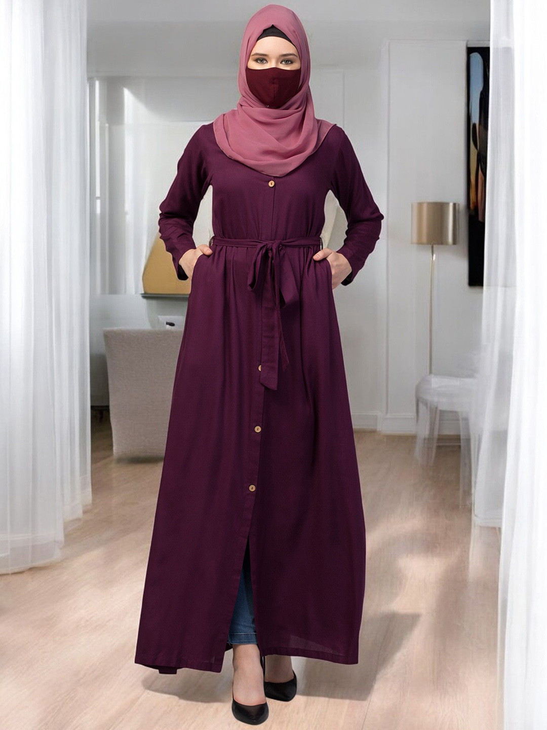 BASHARIYA Round Neck Front Open Abaya With Wooden Button