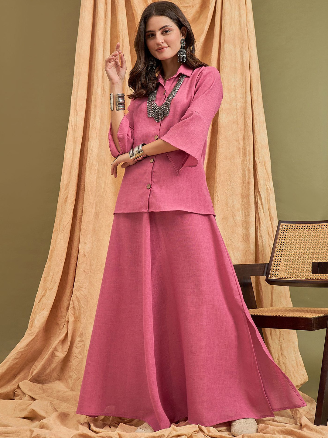 InWeave Three-Quarter Sleeves Linen Shirt With Skirt