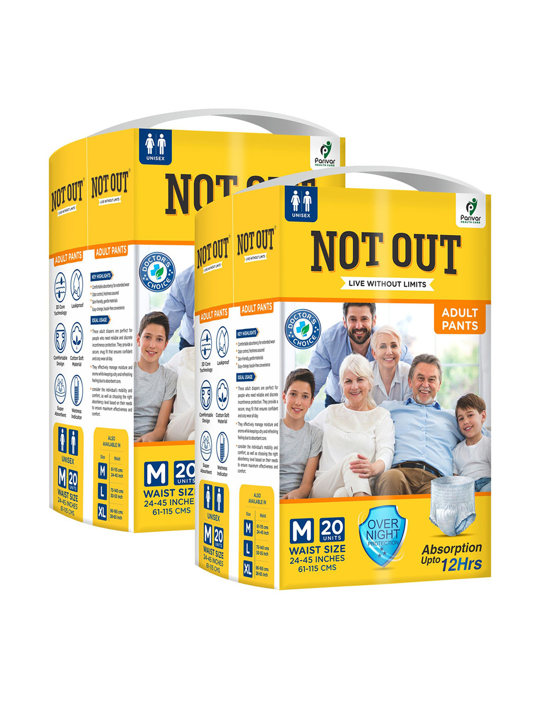 Not Out Set Of 2 3D Core Technology Adult Diapers - 20 Pcs Each - M