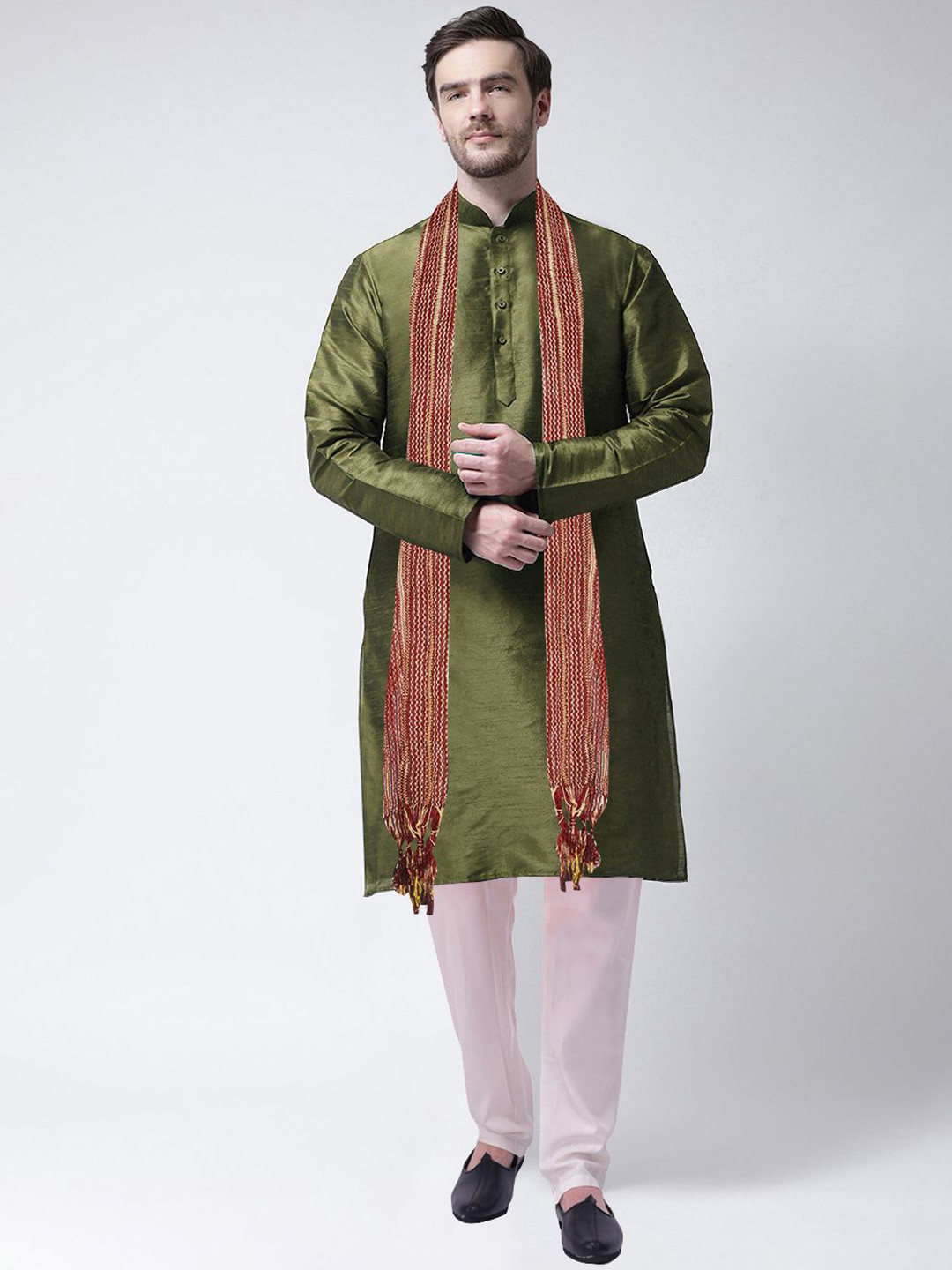 SG LEMAN Mandarin Collar Dupion Silk Straight Kurta With Pyjamas And Dupatta