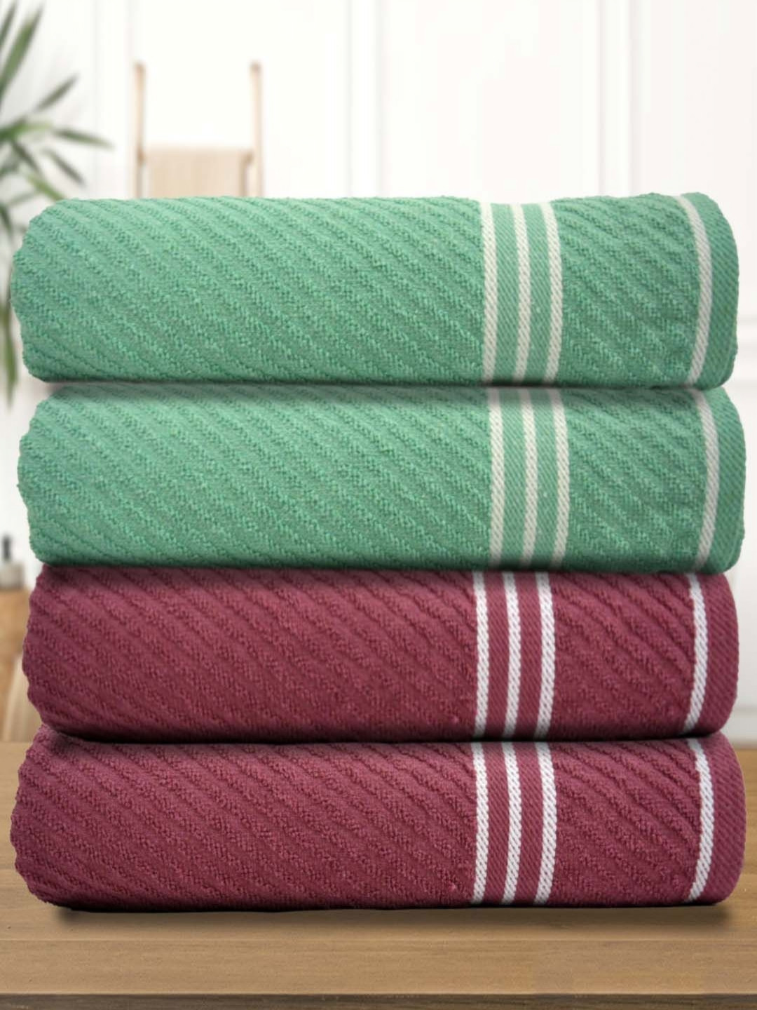 Myntra Elegant Homes Green And Maroon 4 Pieces Cotton 400 GSM Bath Towels