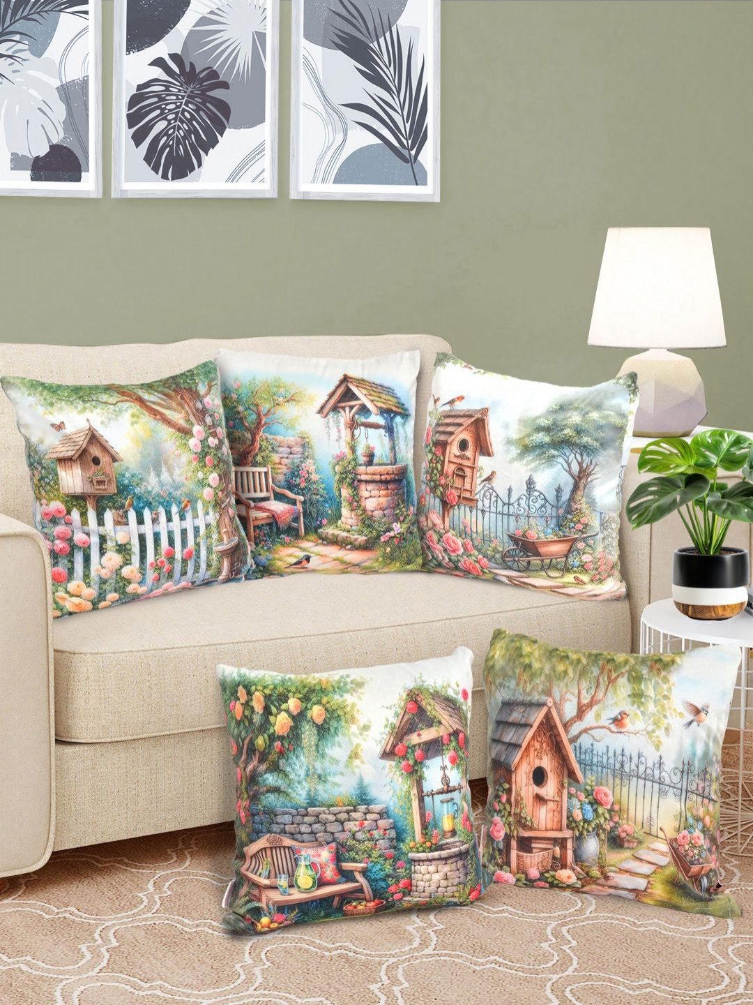 FABINALIV Abstract Green Graphic Polyester Silk Reversible 5 Pcs Cushion Covers -16x16In