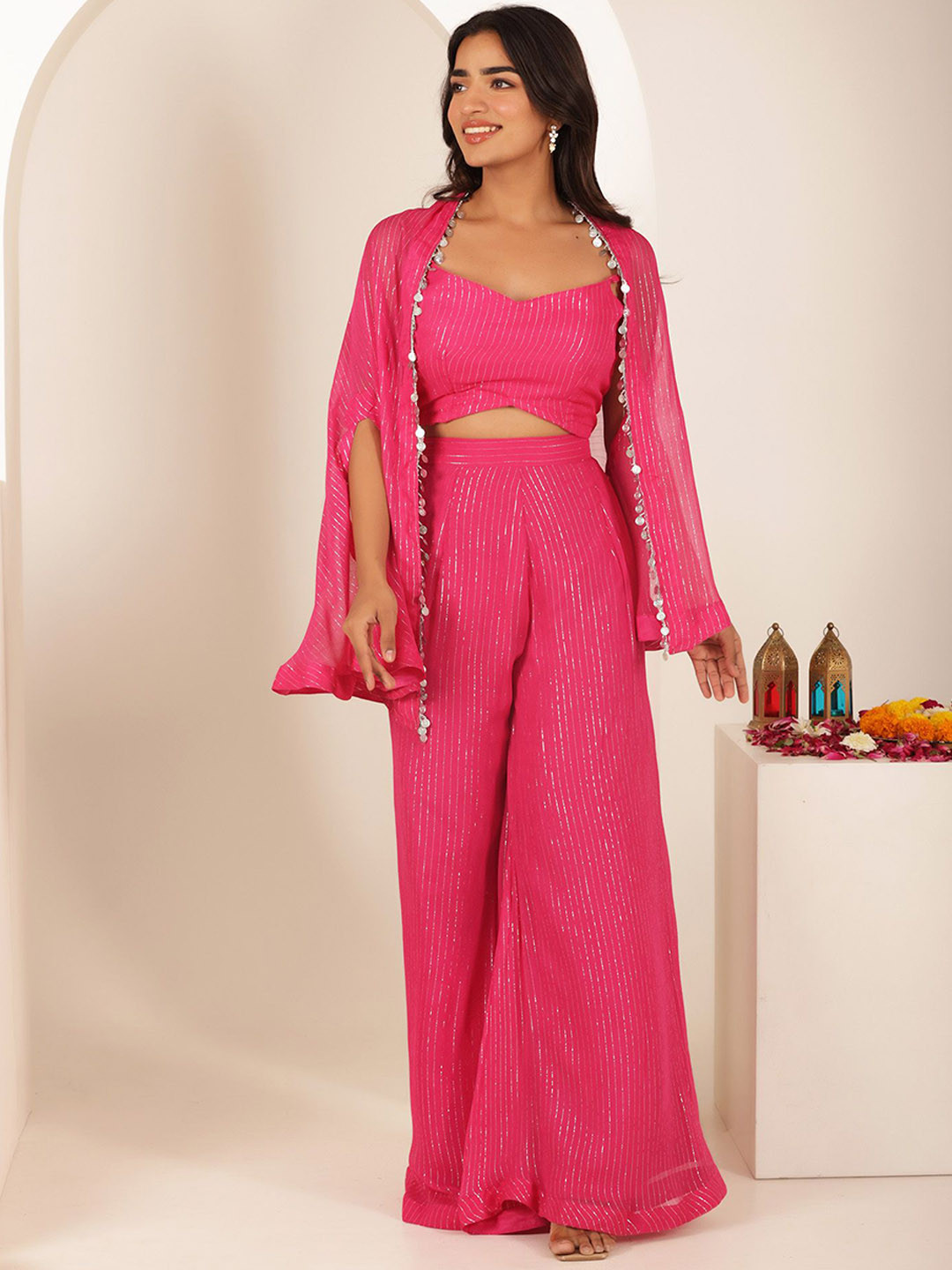 DEASHA INDIA Striped  Top & Palazzos With Waistcoat Co-Ords