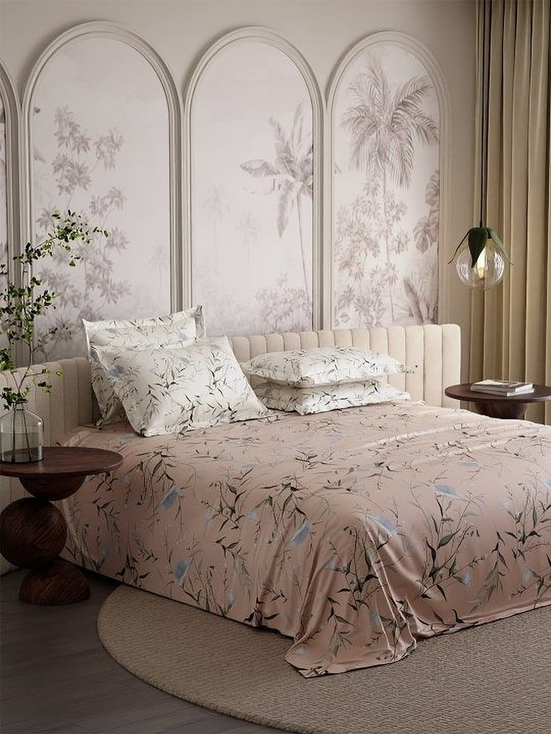 Stoa Paris French Bloom Peach Floral Pure Cotton 300 TC King Fine Bedsheet with 4 Pillow Covers-108 x 108 inches
