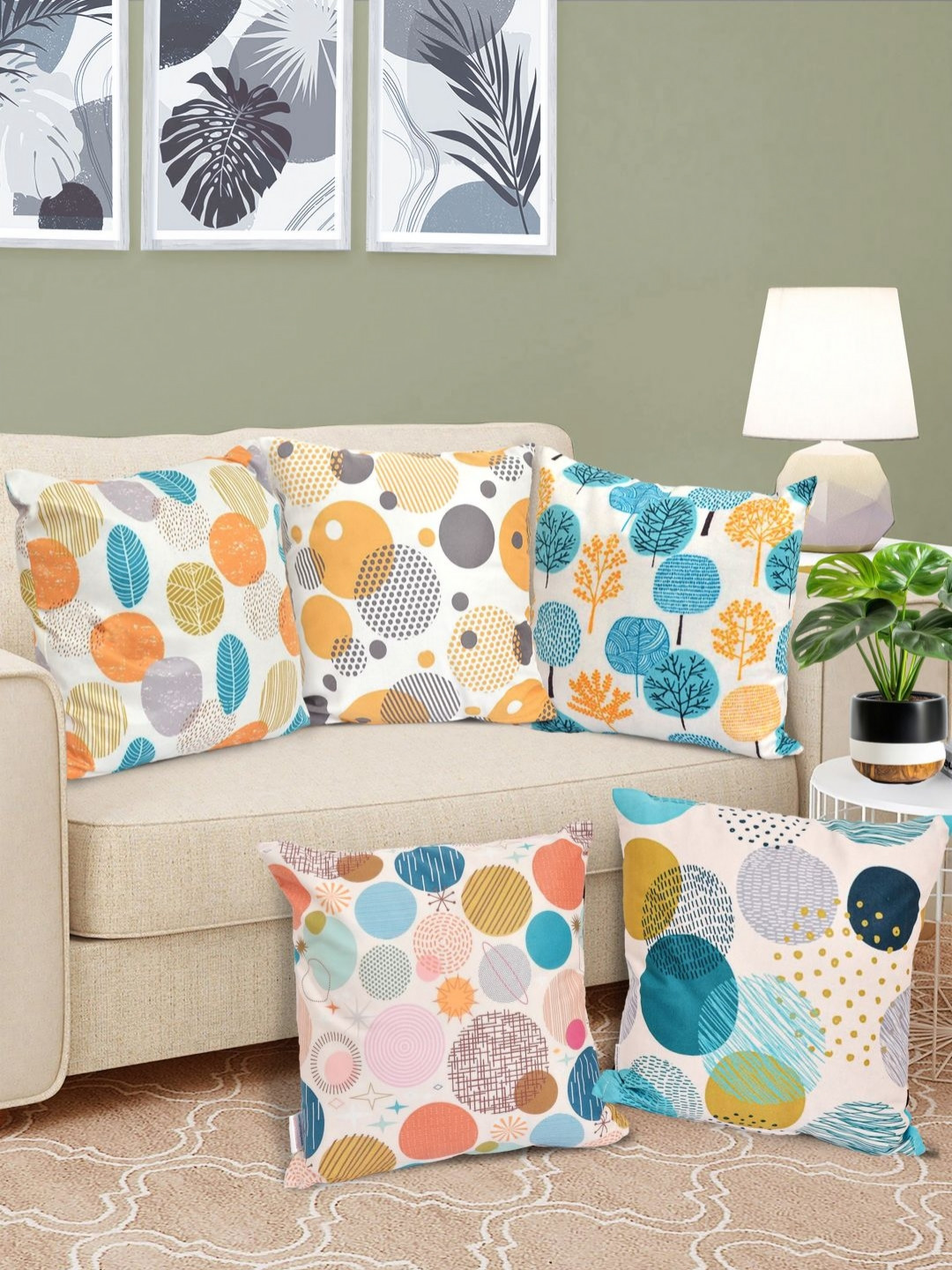 FABINALIV 5 Pcs Cream Geometric Reversible Velvet Digital Printed Cushion Covers-40X40 cm