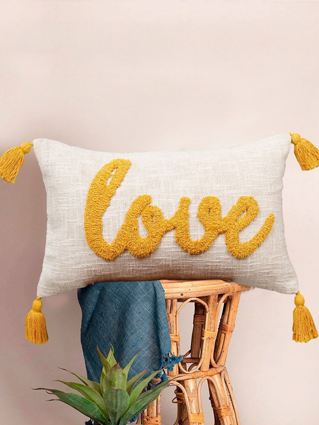 HOMADORN Off White & Yellow Embroidered Rectangle Pure Cotton Cushion Cover