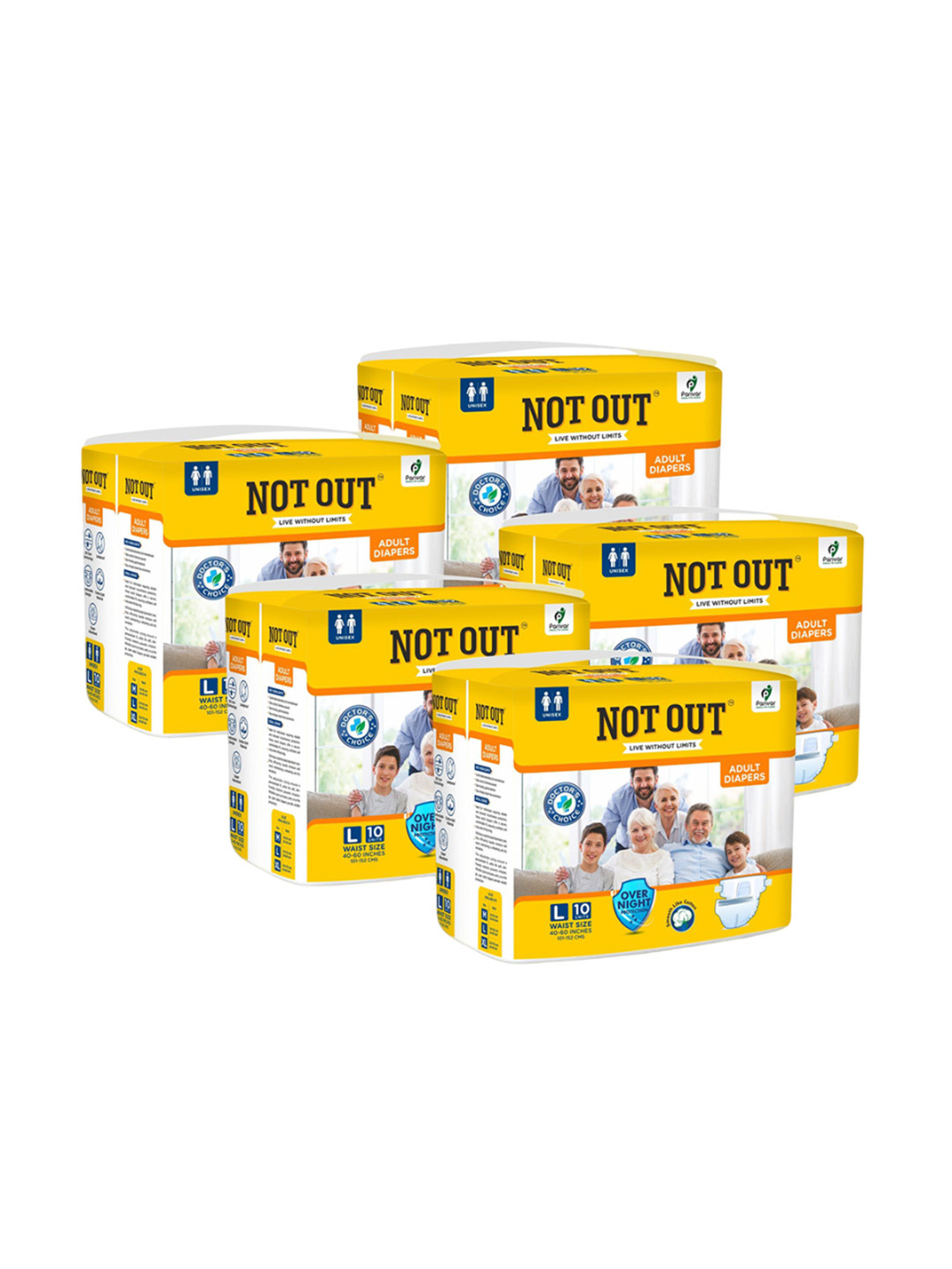 Not Out Set Of 5 3D Core Technology Adult Diapers - 10 Pieces Each - L