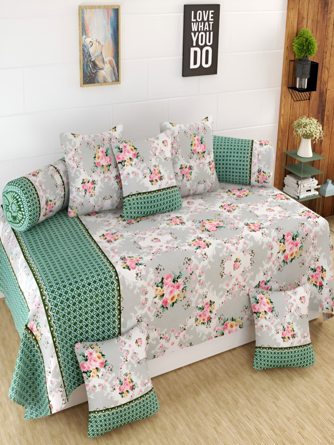 Aura 8-Pcs Green & Grey Printed 160 TC DiwanSet