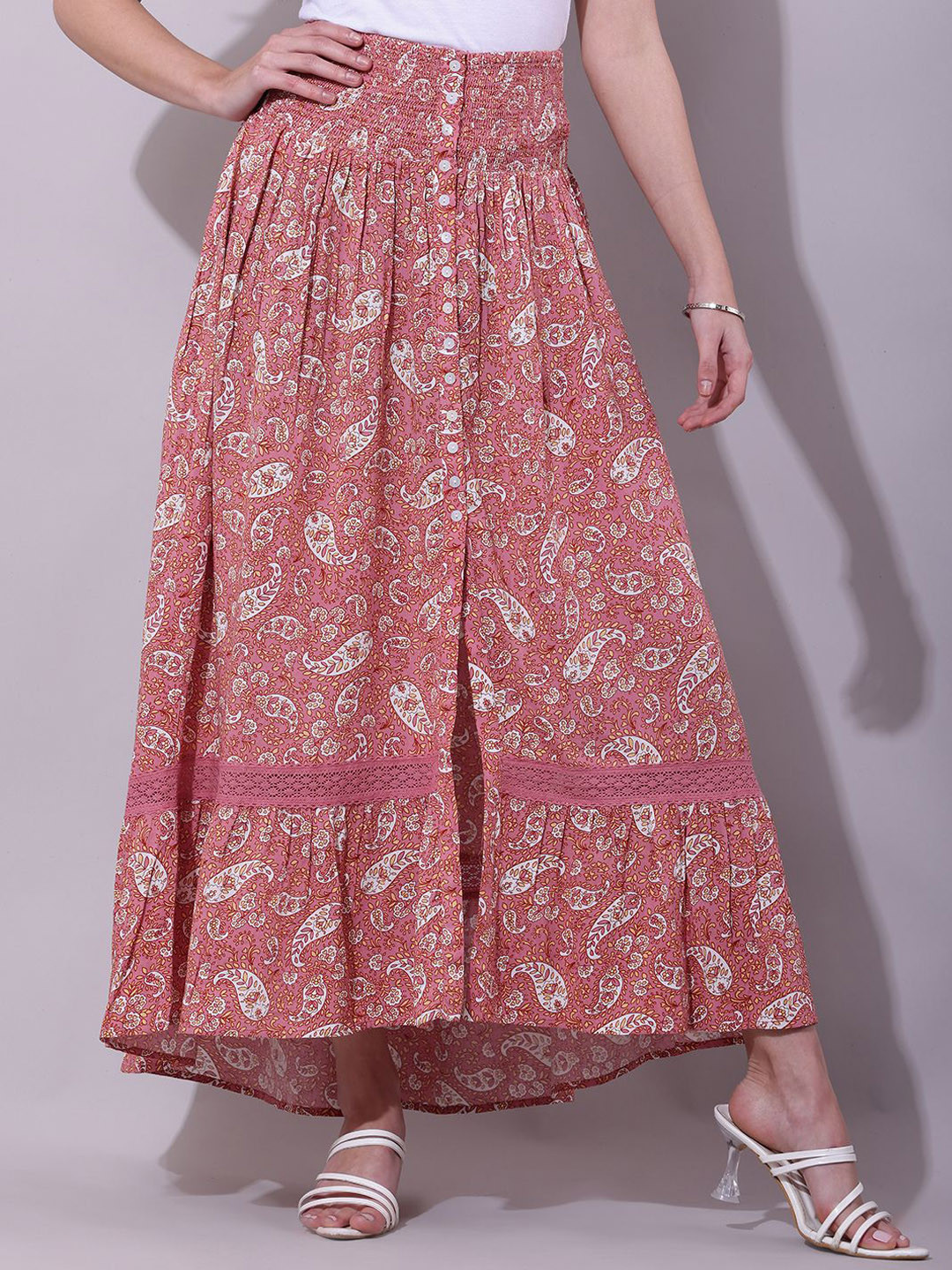 DEBONATELLA Women Paisley Printed Front Slit Details Flared Maxi Skirt