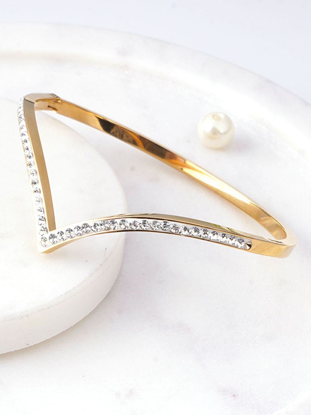 DressBerry Stainless Steel Gold-Plated Artificial Stones Studded  V-Shape Cuff Bracelet