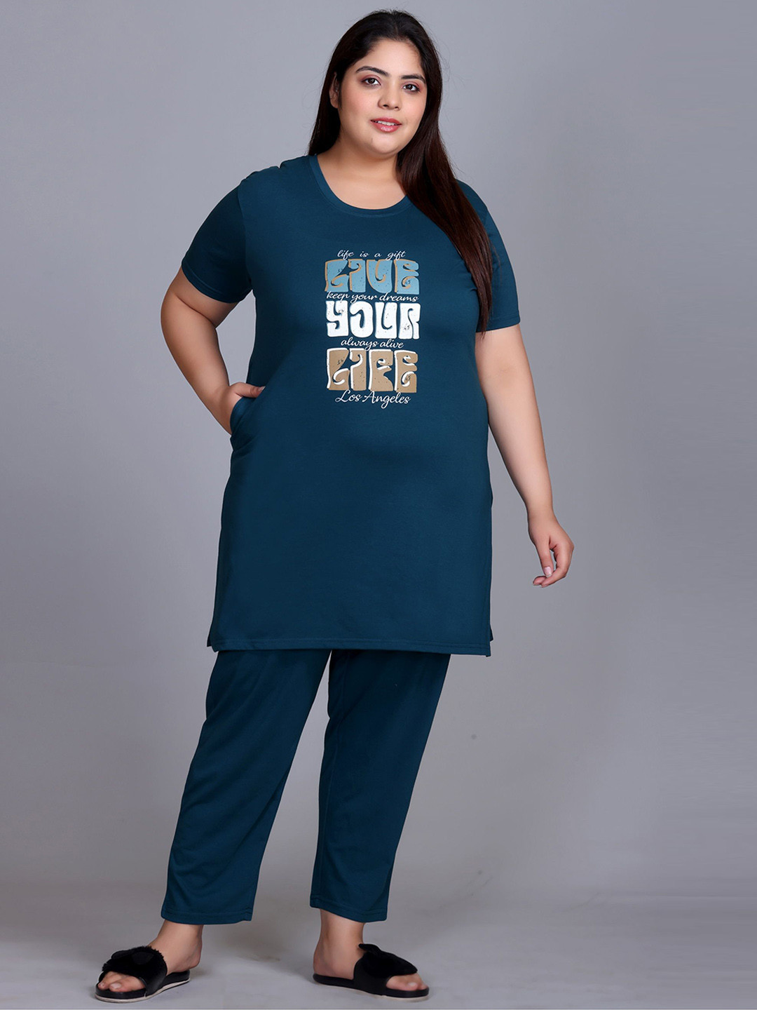 IN Love Women Plus Size Typography Printed T-shirt & Pyjamas Night suit