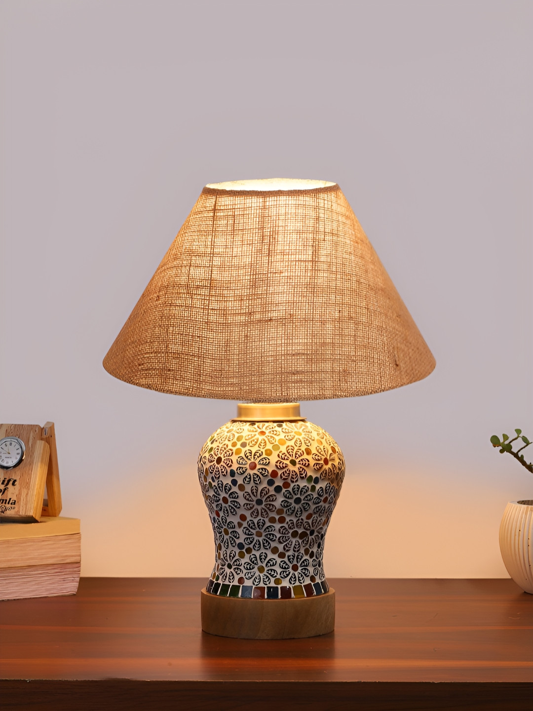 Aura Conical Beige & White Printed Glass Frustum Shaped Table Lamp