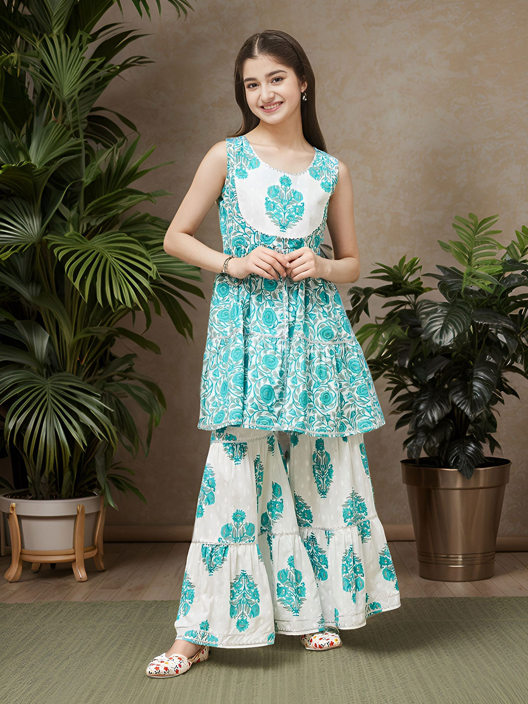 CurlyTales Girls Floral Print A-Line & Palazzo Set
