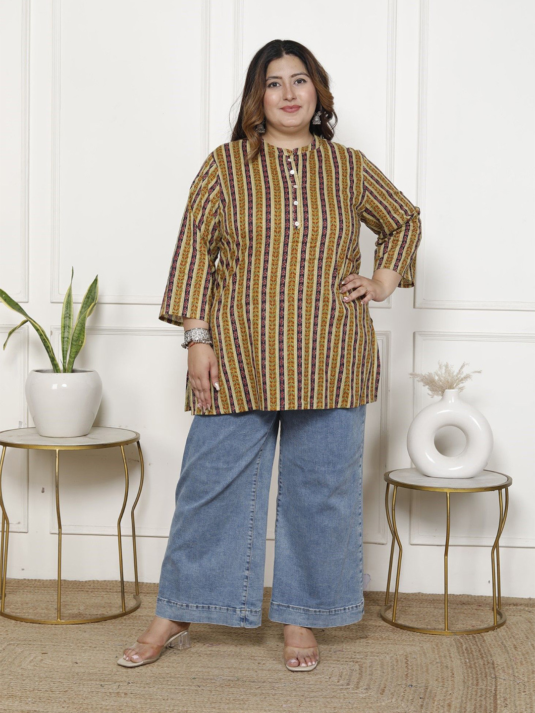 Swasti Women Plus Size Pure Cotton Striped Printed Mandarin Collar Straight Kurtis