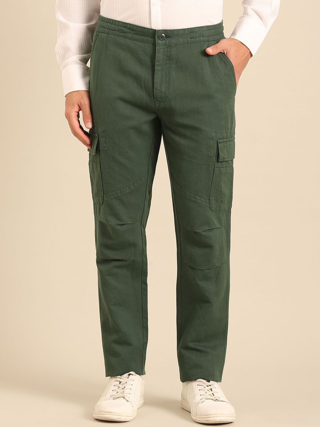 Linen Club Men Slim Fit Mid-Rise Linen Cargos Trousers