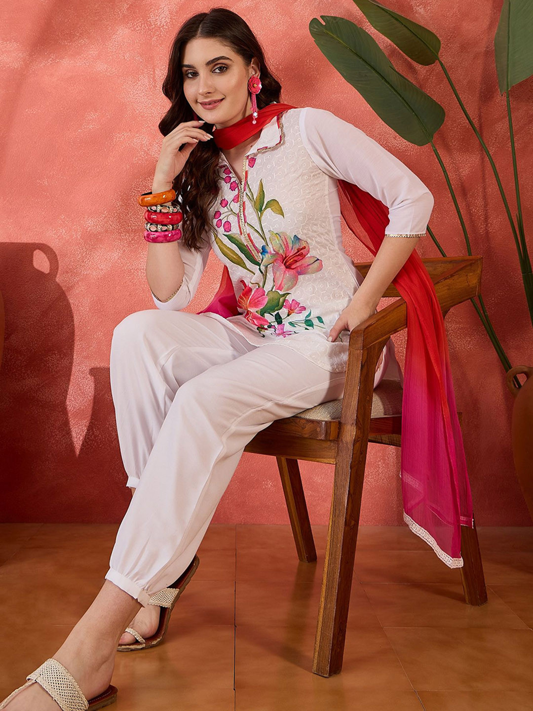 Sangria Embroidered Shirt Collar Style Kurta With Trouser & Dupatta Set