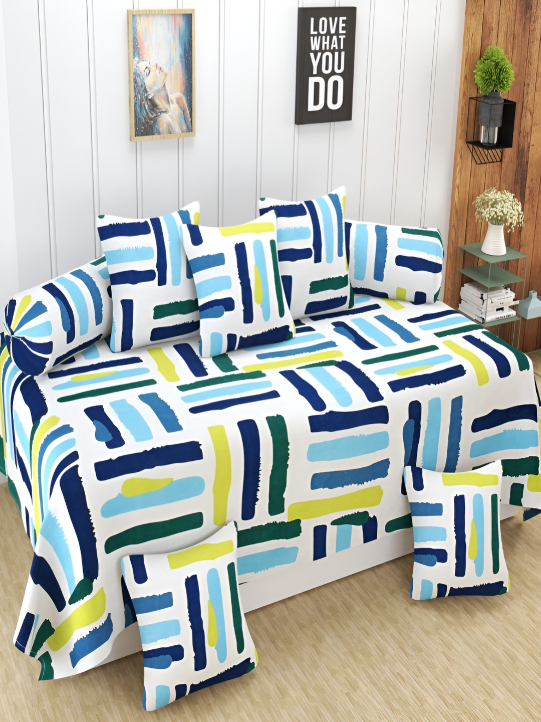 Aura 8-Pcs Blue & Yellow Printed 160 TC DiwanSet