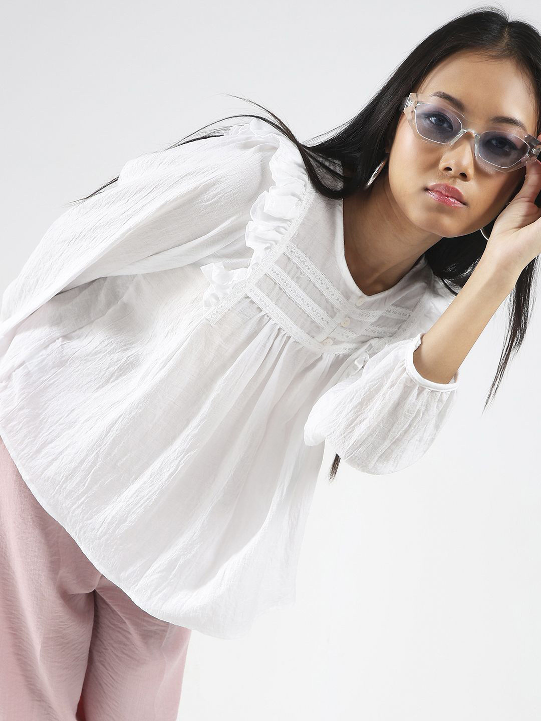 Sera Women White Cotton Nylon Ruffled Button-Front Korean Top