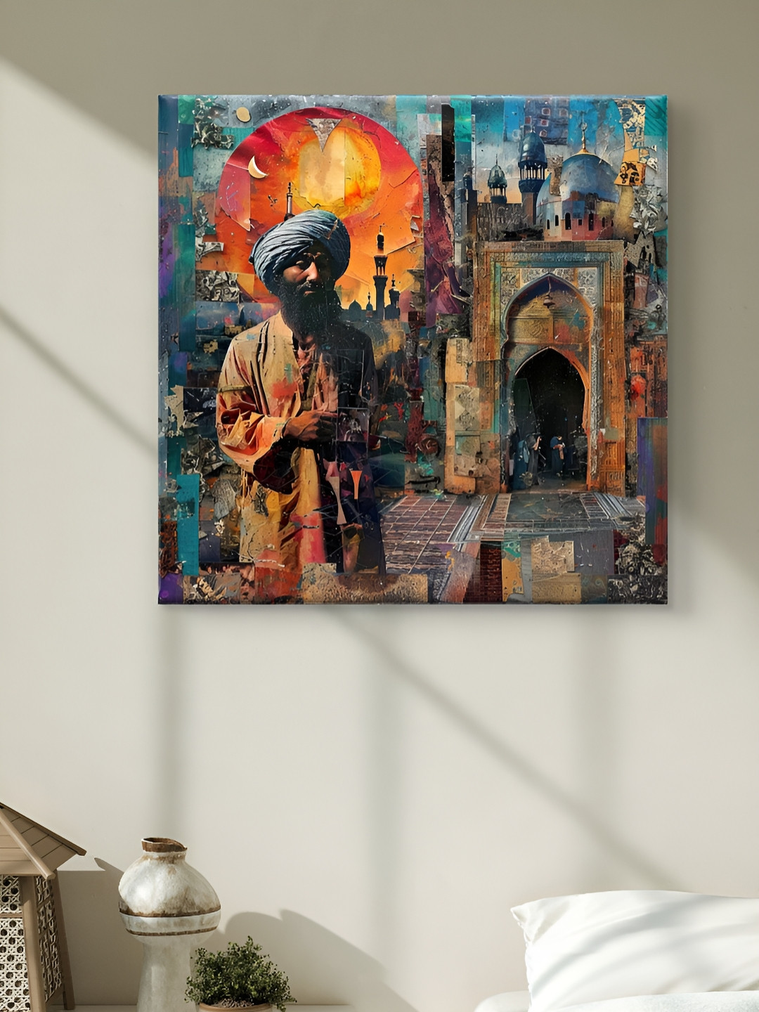 Livin'luxe Orang And Green Abstract Mosque And Man Canvas Wall Art