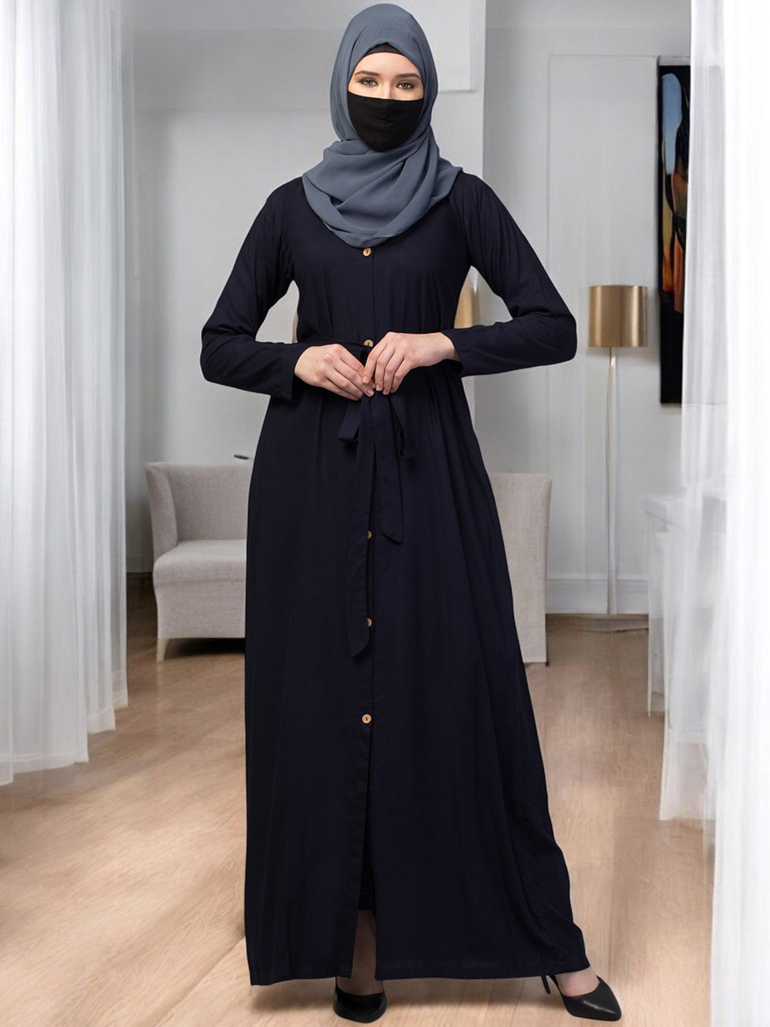 BASHARIYA Front Open Abaya Dress With Wooden Button