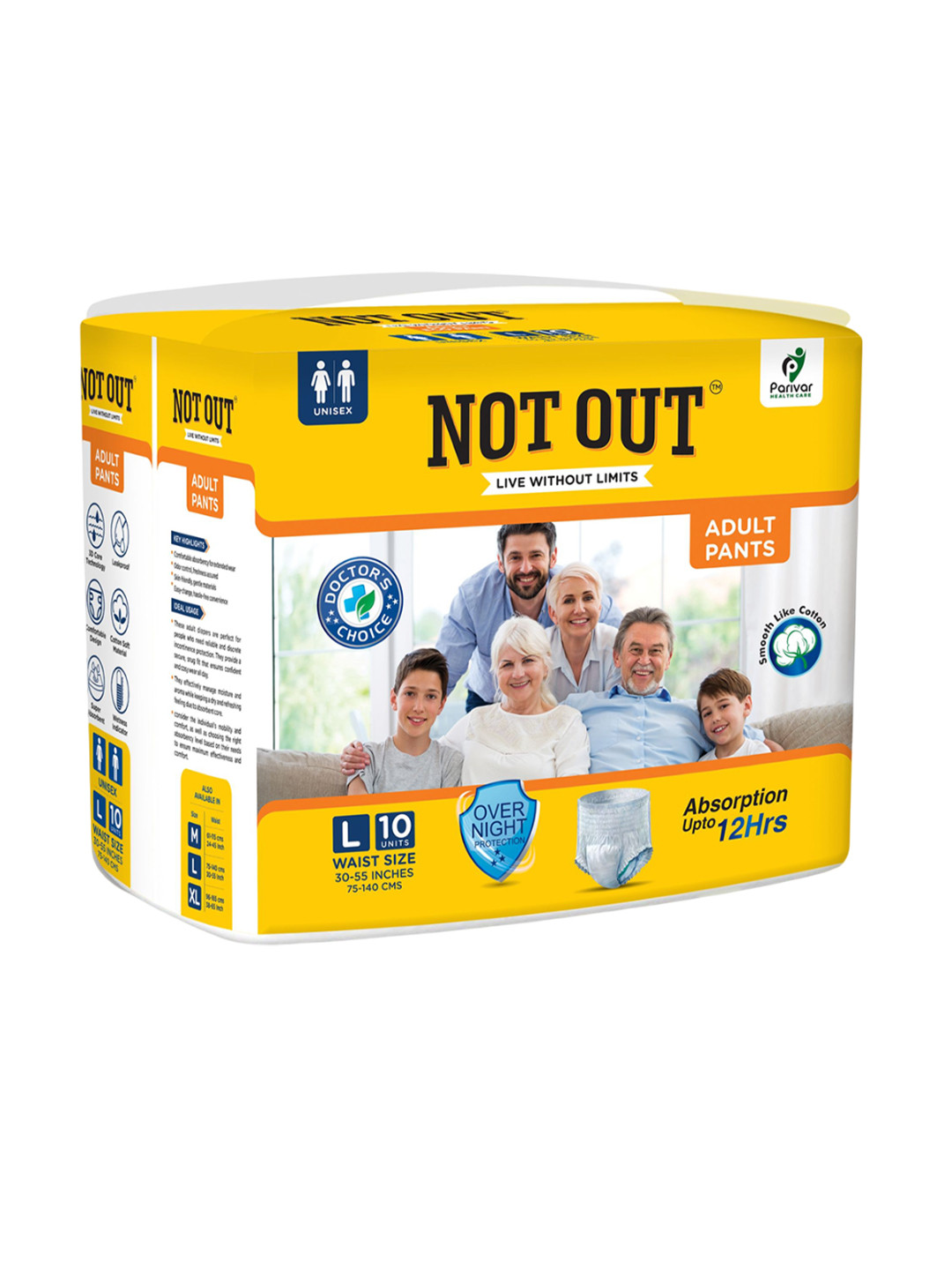 Not Out 3D Core Technology Adult Diapers - 10 Pieces - L