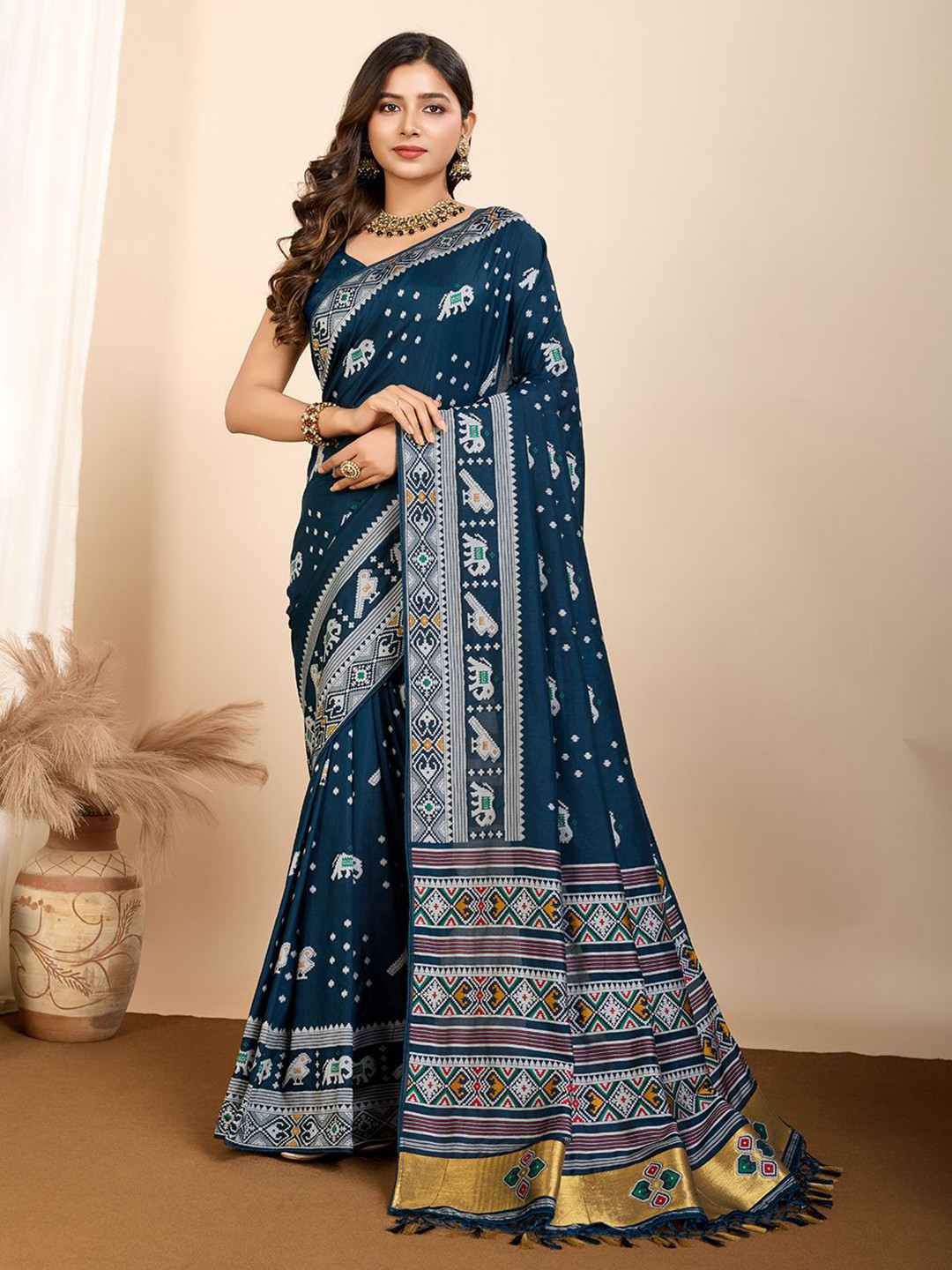 VARNI FABRICS Ethnic Motifs Zari Ikat Saree