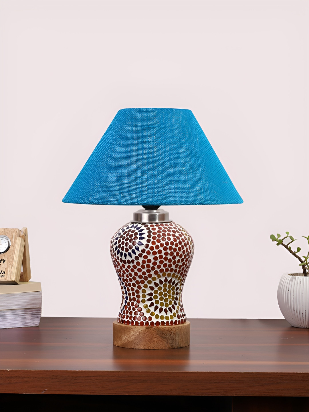 Aura Turquoise Blue & Red Printed Glass Frustum Shaped Table Lamp