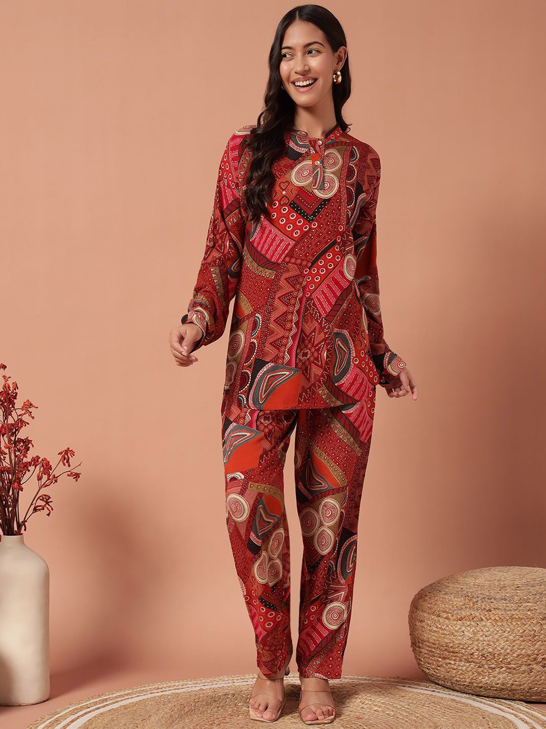 Plagg Printed Mandarin Collar Neck Top With Trousers Co-Ords