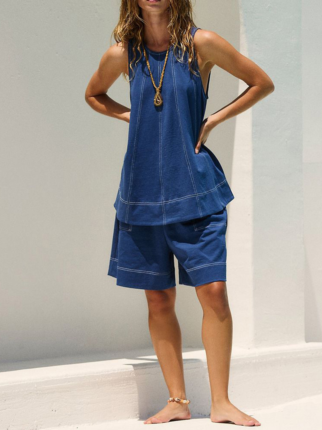 all about you Indigo Breeze Round Neck Pure Cotton Tunic & Shorts