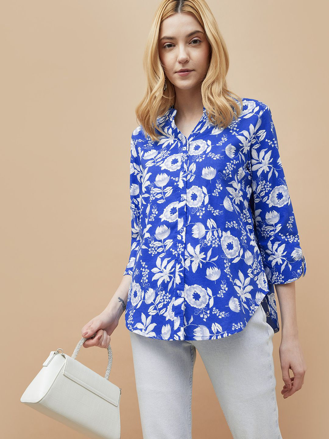 Colour Me by Melange Women Cotton Floral Printed Mandarin Collar Relaxed Fit Casual Shirt