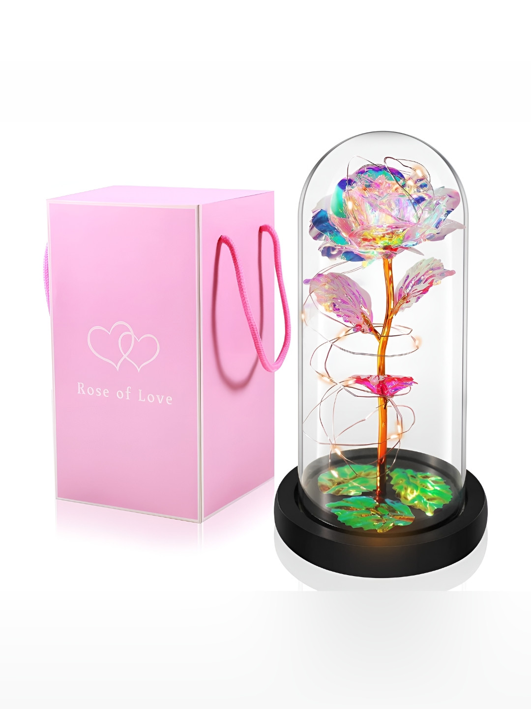 DWIZA ENTERPRISE Artificial Rose in Dome Transparent Glass Glossy Living Room Lights Medium Showpiece - 2.4 Inches