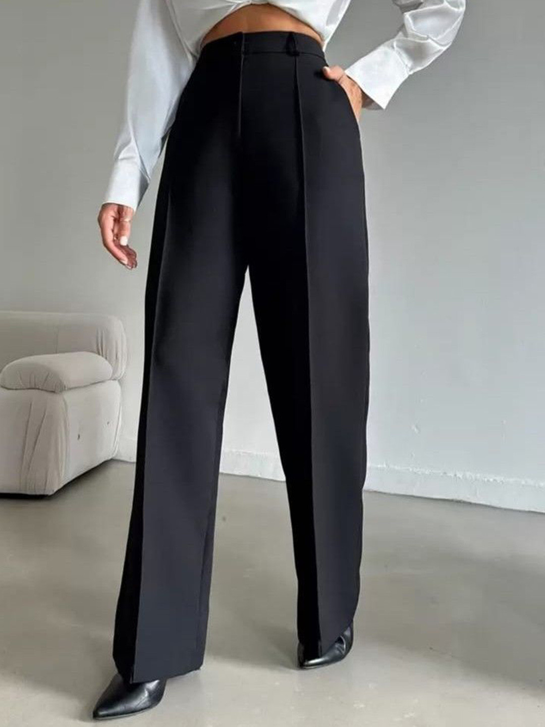 BROADSTAR Women Korean Smart Straight Fit High-Rise Easy Wash Pleated Trousers