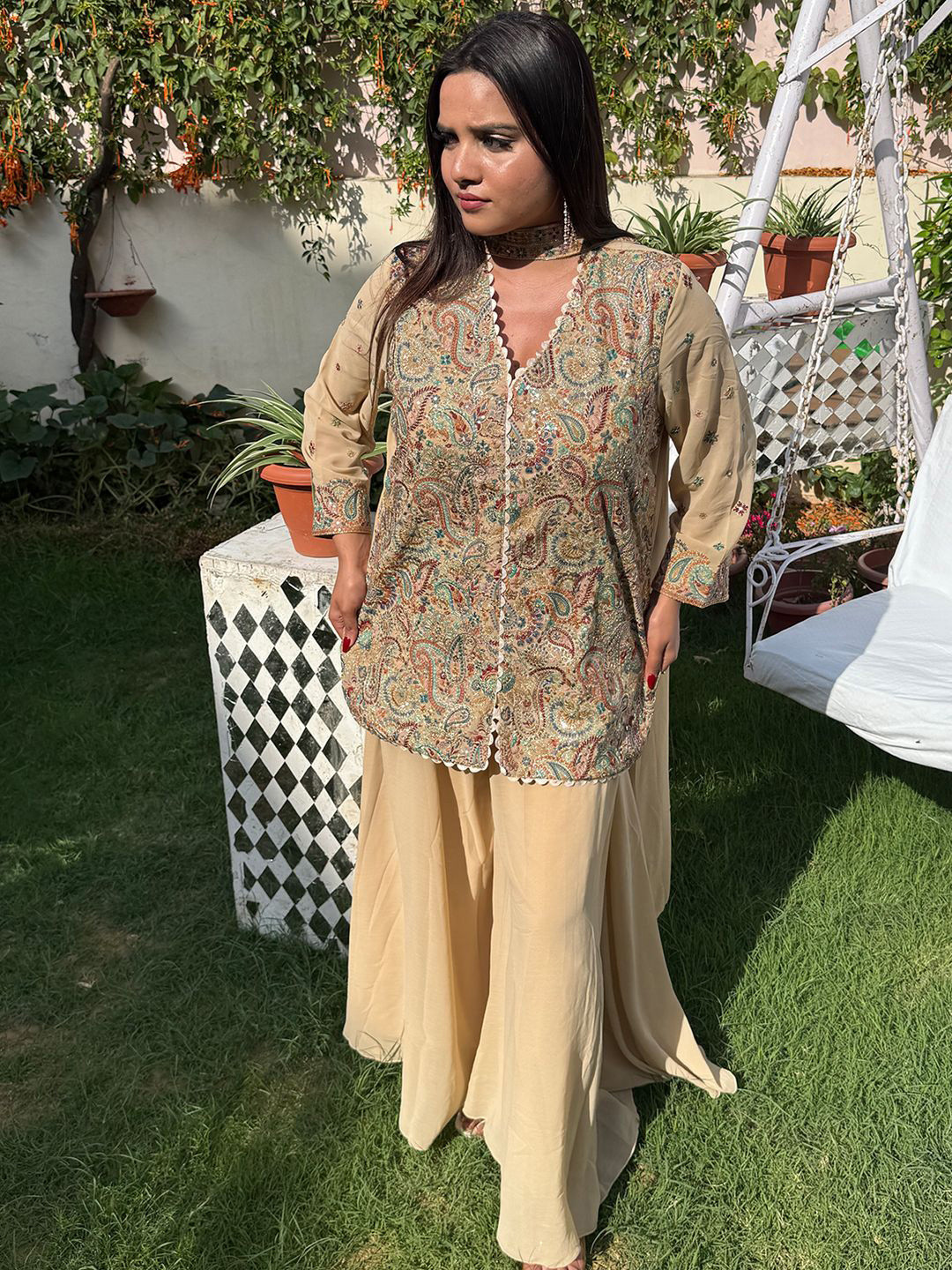27 Drapes Women Embroidered Thread Work Pure Cotton Kurti with Palazzos & With Dupatta