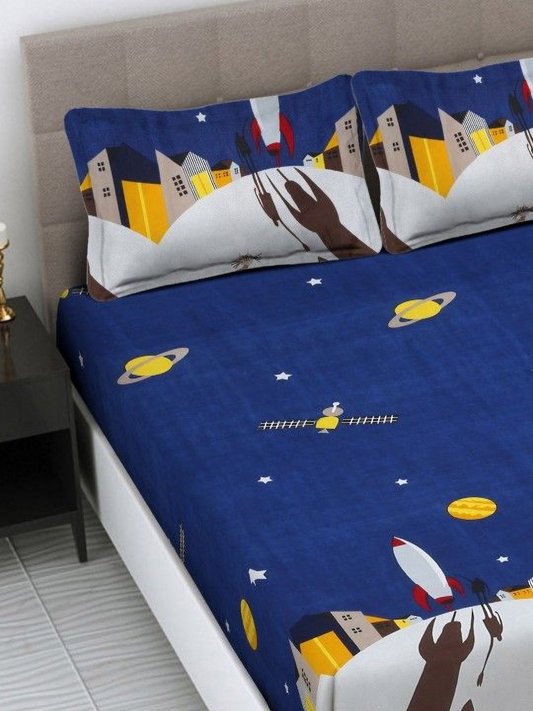 KIDS WONDERS Navy Blue Conversational Microfiber 160 TC King Bedsheet with 2 Pillow Covers-90 x 100 inches