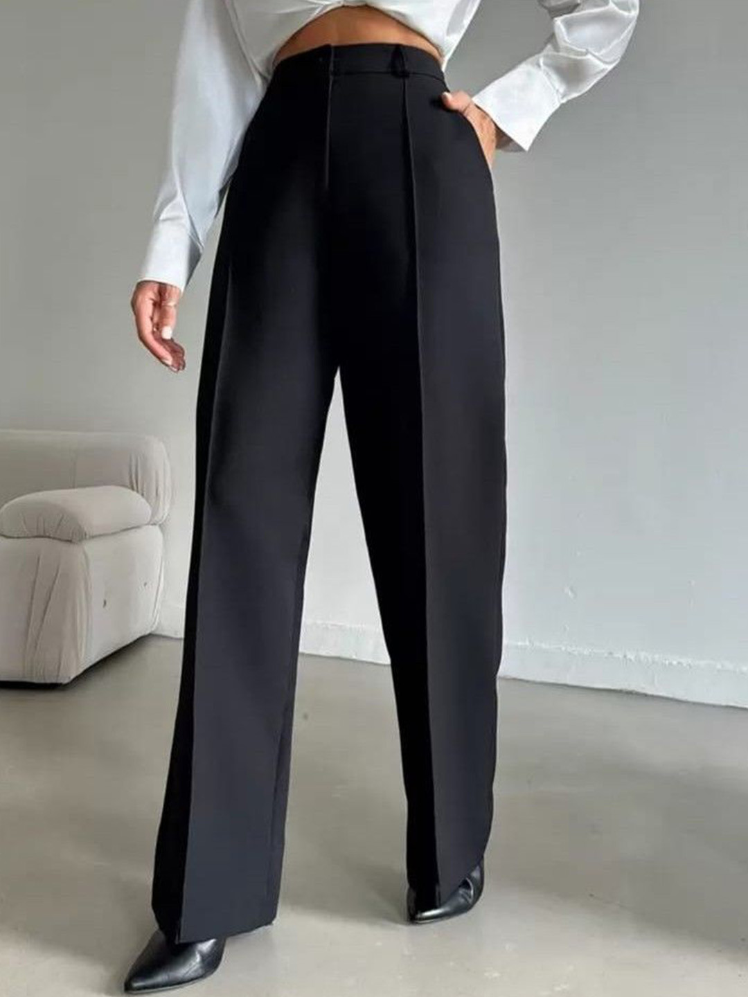 BROADSTAR Women Korean Smart Straight Fit High-Rise Easy Wash Pleated Trousers