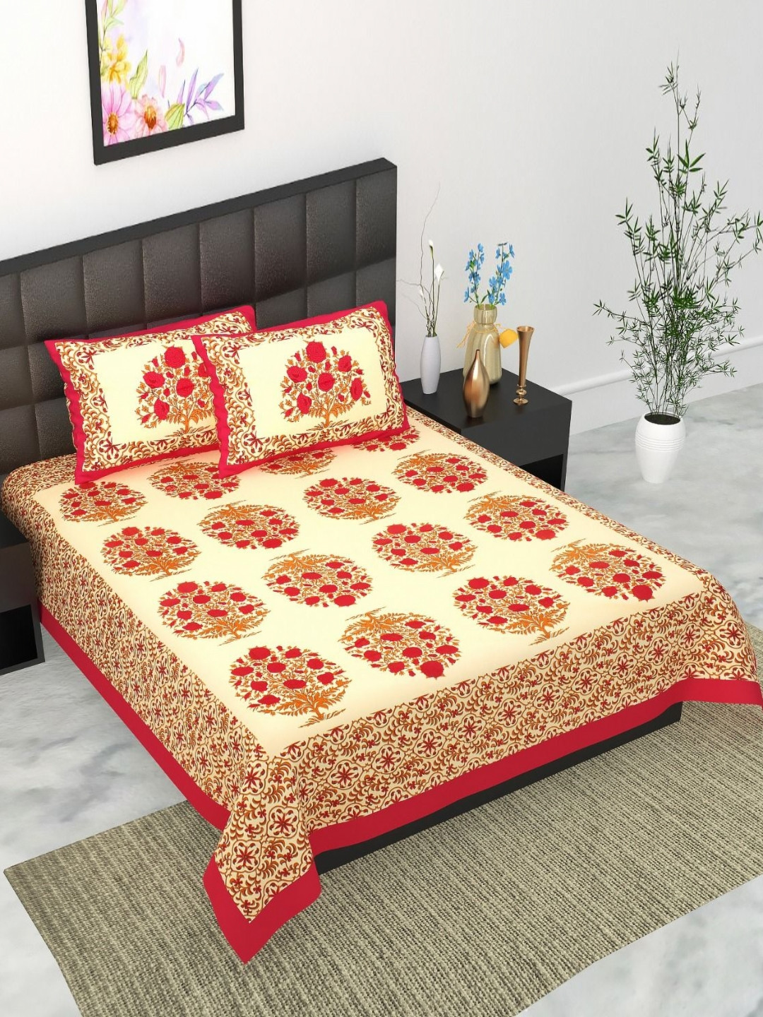 UNIBLISS Red Floral Cotton 144 TC Queen Bedsheet with 2 Pillow Covers-85 x 93 inches