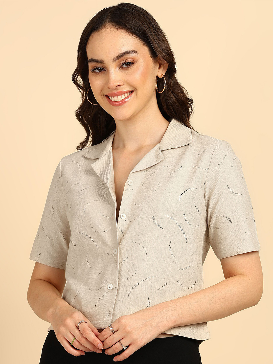 all about you Women Cuban Collar Slim Fit Crop Casual Shirt